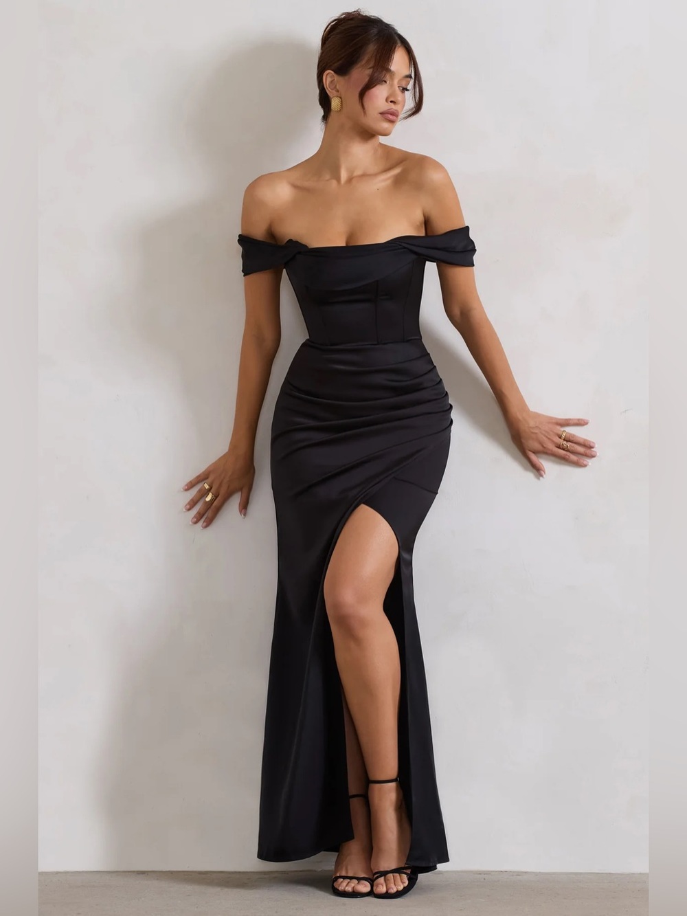 Kimberly | Black Bardot Fishtail Satin Maxi Dress
